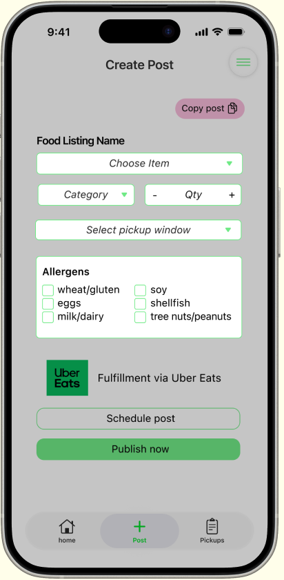 Restaurant posting screen